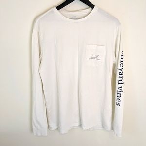 Vineyard Vines Vintage Whale White Navy Blue Long Sleeve Pocket T Shirt